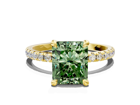 Yellow gold Fancy Green Radiant Cut Diamond Brilliant Solitaire Ring with Pavé Band and Four-Prong Setting