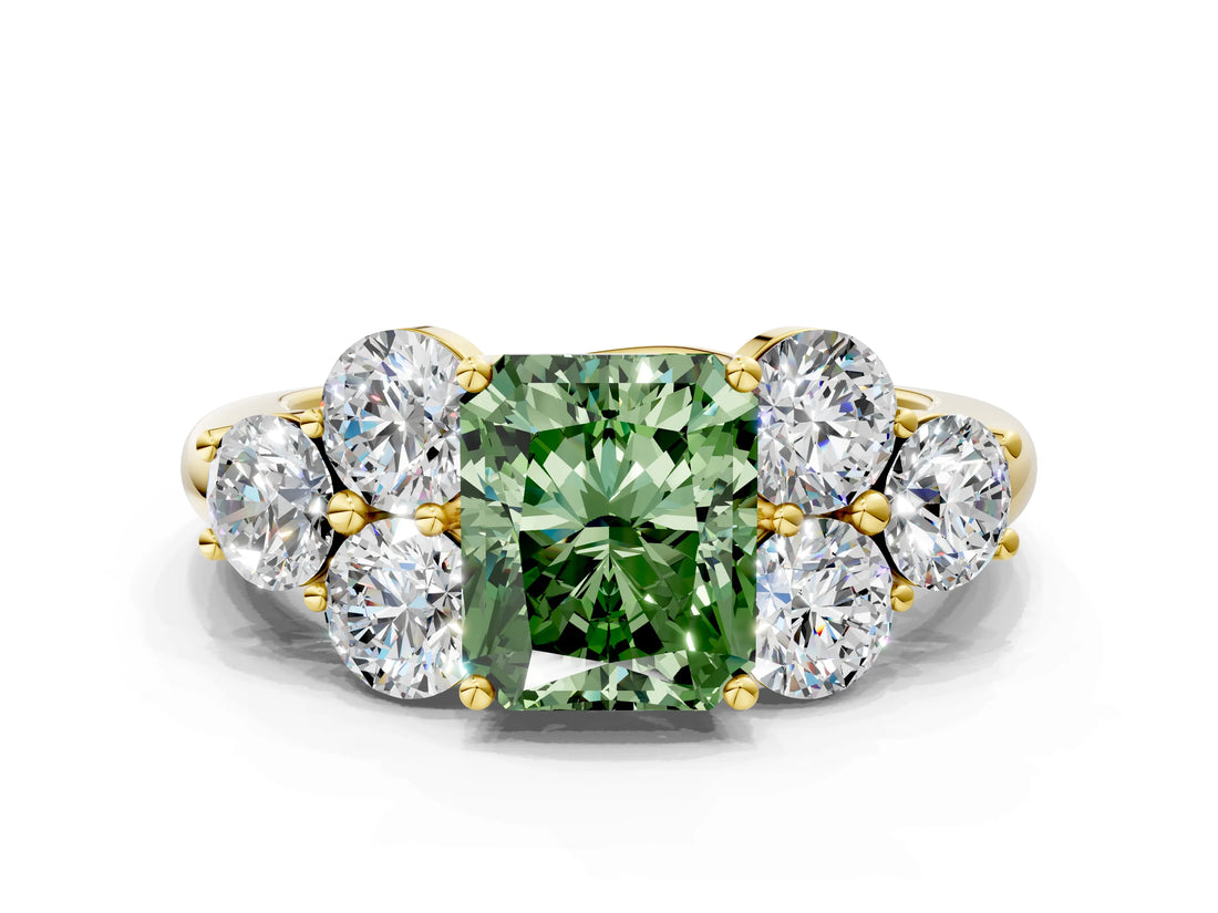 Yellow gold Fancy Green Radiant  Cut Diamond Cluster Ring with Round Accent Stones and Prong Setting on a Classic Band_49