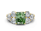 Yellow gold Fancy Green Radiant  Cut Diamond Cluster Ring with Round Accent Stones and Prong Setting on a Classic Band_49