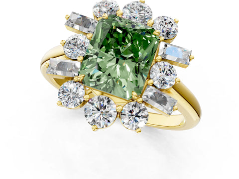 Yellow gold Fancy Green Radiant Cut Diamond Cluster Ring with Round and Baguette Stones, Split Shank Band, Prong Setting_1
