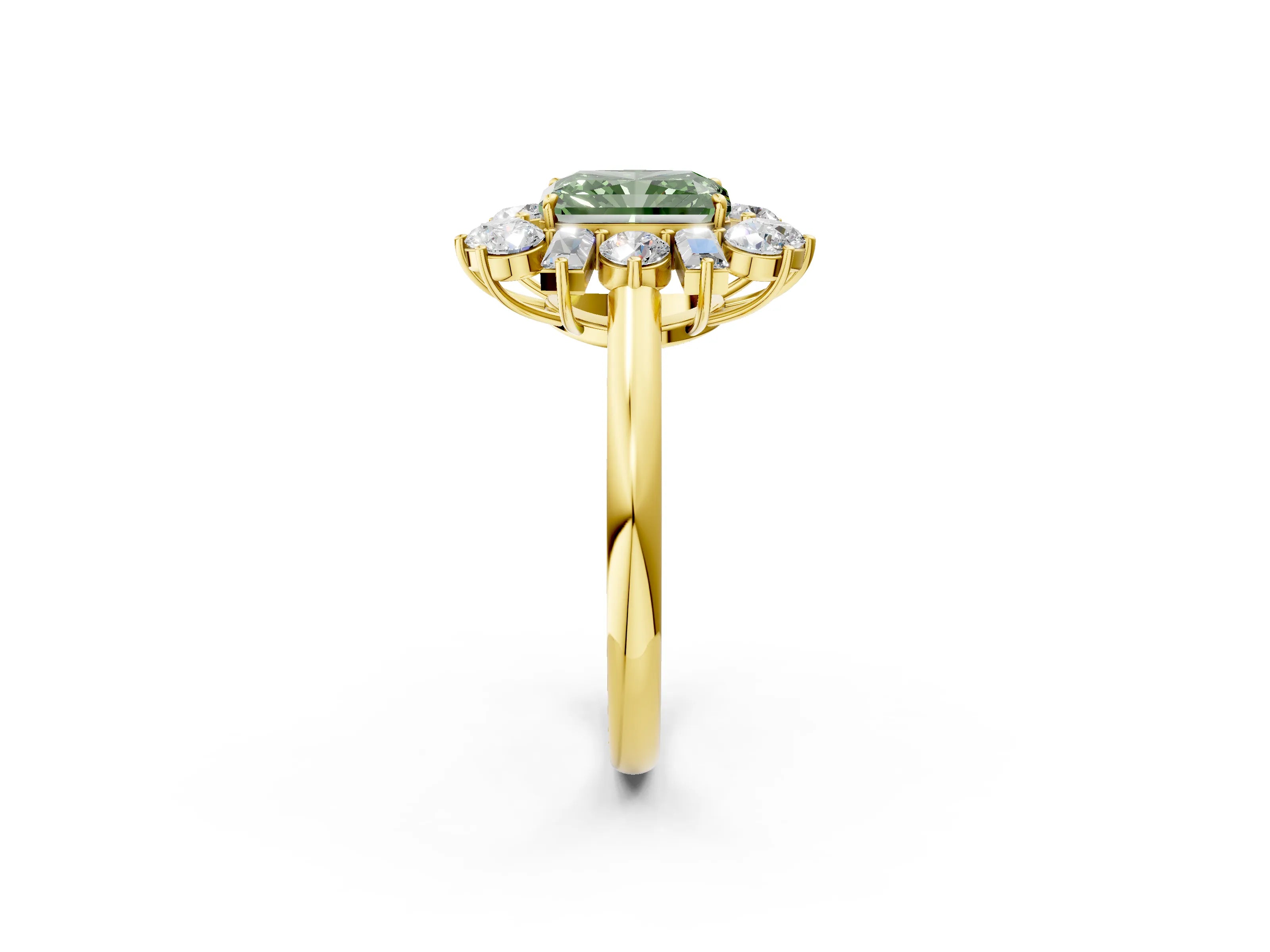 Yellow gold Fancy Green Radiant Cut Diamond Cluster Ring with Round and Baguette Stones, Split Shank Band, Prong Setting_2