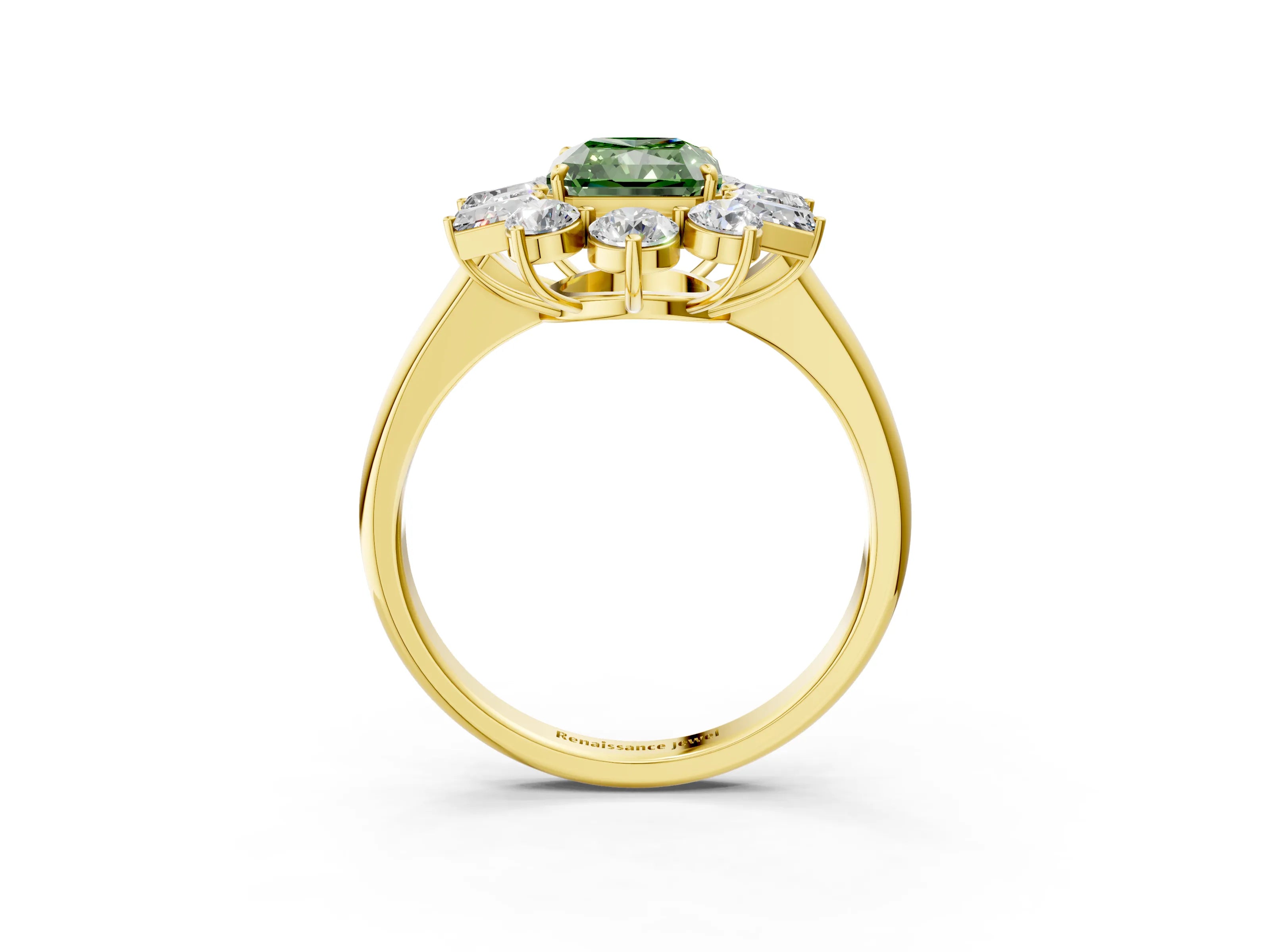Yellow gold Fancy Green Radiant Cut Diamond Cluster Ring with Round and Baguette Stones, Split Shank Band, Prong Setting_3