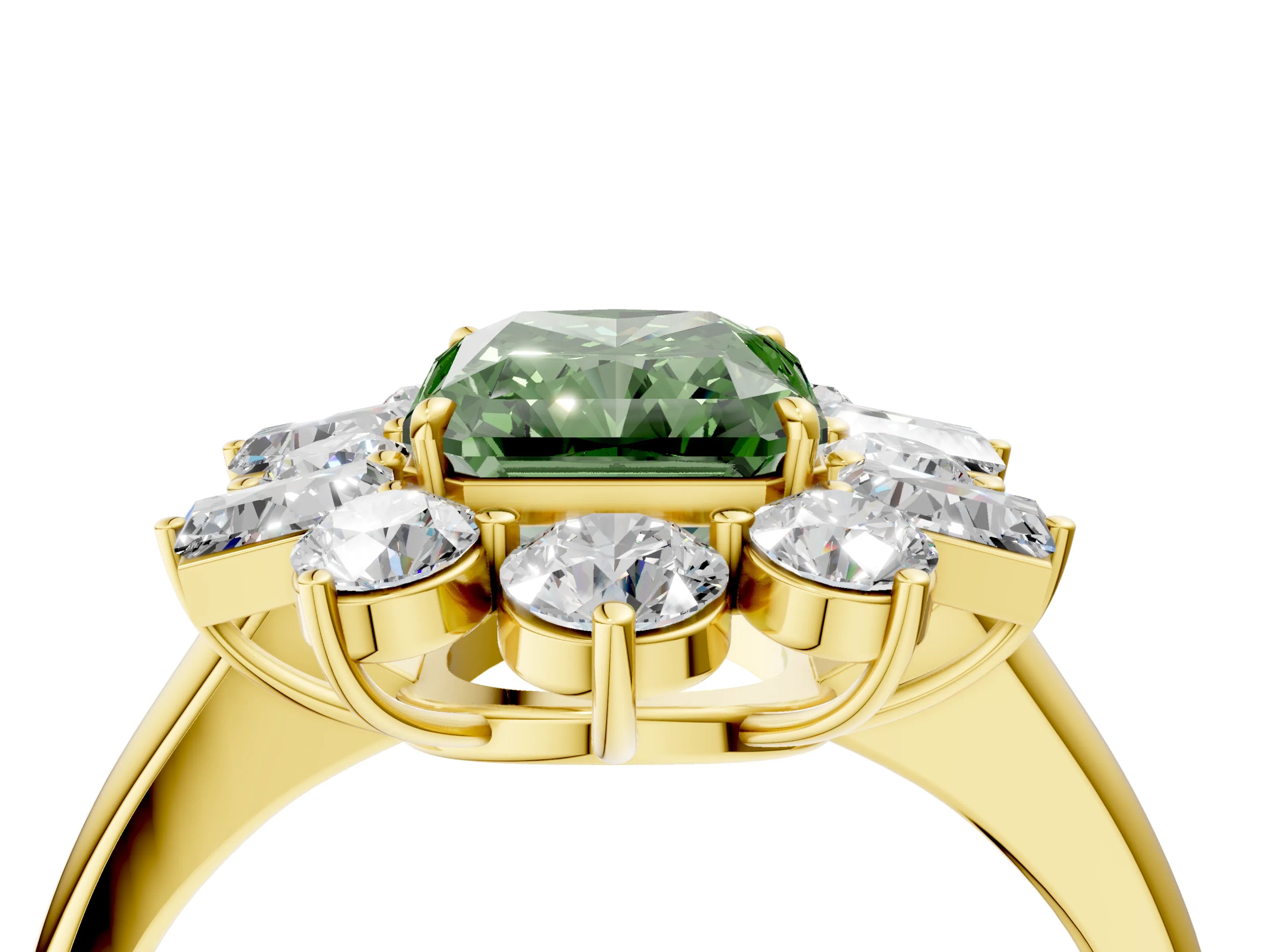 Yellow gold Fancy Green Radiant Cut Diamond Cluster Ring with Round and Baguette Stones, Split Shank Band, Prong Setting_4