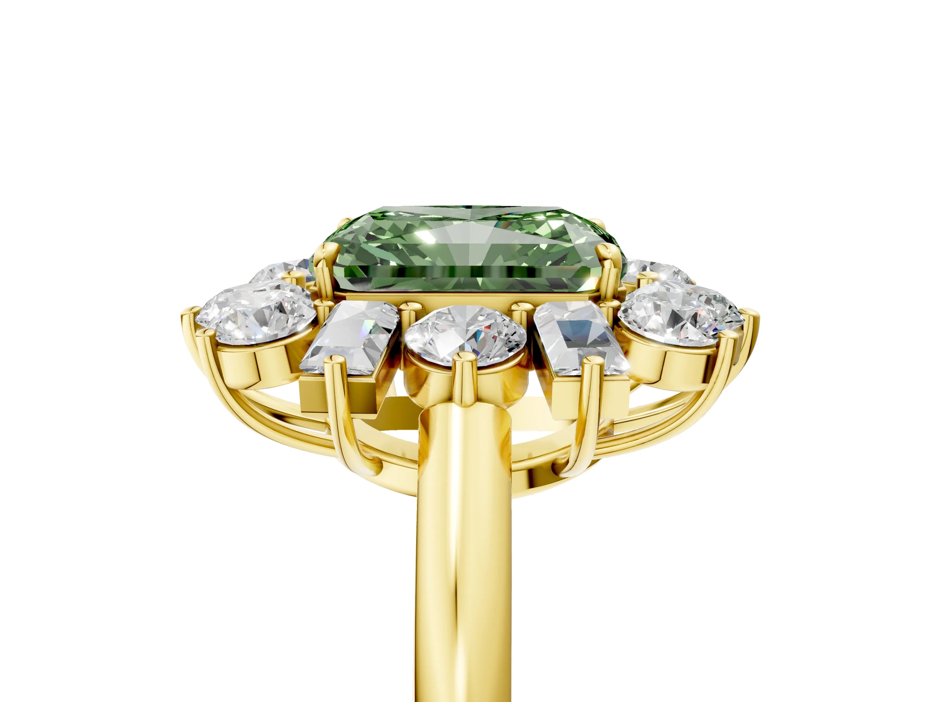 Yellow gold Fancy Green Radiant Cut Diamond Cluster Ring with Round and Baguette Stones, Split Shank Band, Prong Setting_5