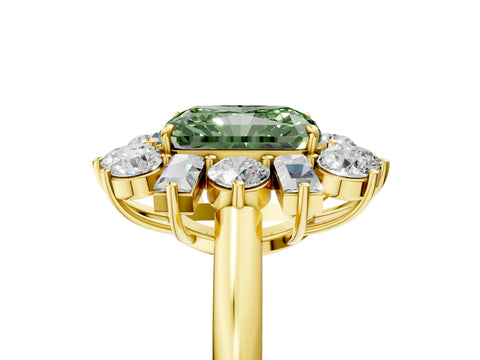 Yellow gold Fancy Green Radiant Cut Diamond Cluster Ring with Round and Baguette Stones, Split Shank Band, Prong Setting_5