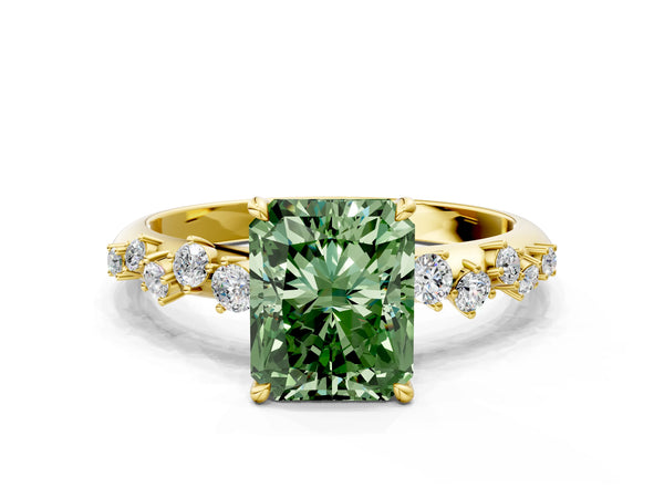 Yellow Gold Radiant Cut Graduated Cluster Engagement Ring Setting for Fancy Green Center