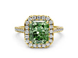 Yellow gold Fancy Green Radiant Cut Diamond Cushion Halo Ring with Pavé Band
