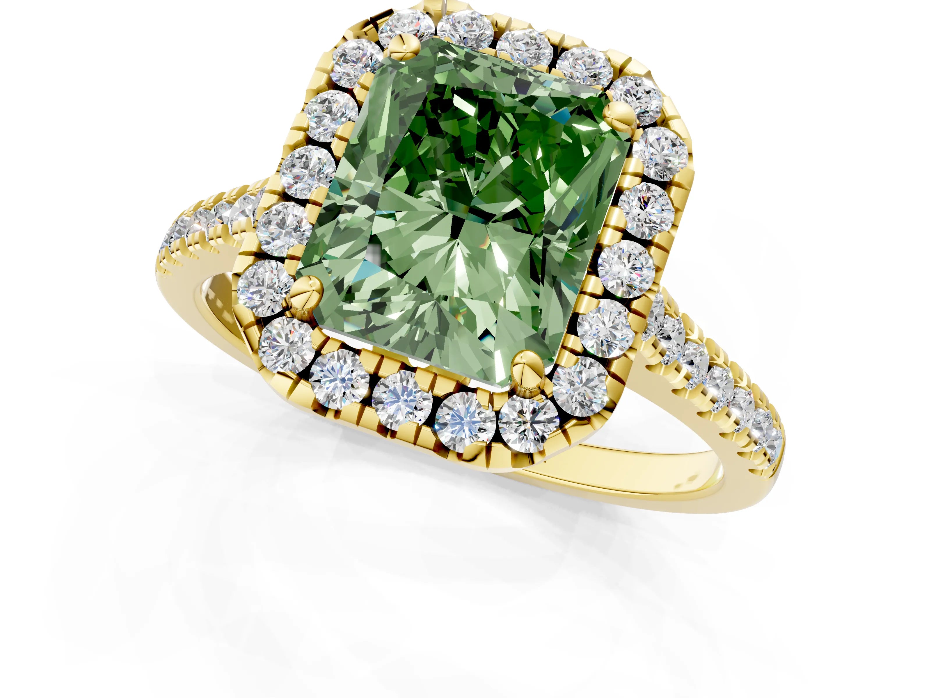 Yellow gold Fancy Green Radiant Cut Diamond Cushion Halo Ring with Pavé Band_1