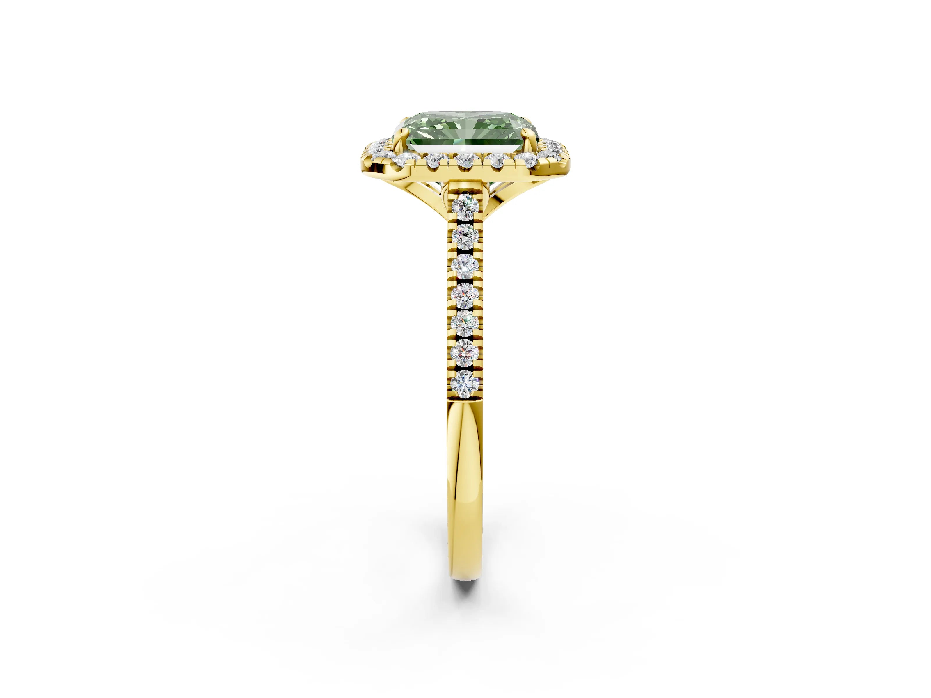 Yellow gold Fancy Green Radiant Cut Diamond Cushion Halo Ring with Pavé Band_2