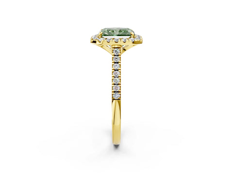 Yellow gold Fancy Green Radiant Cut Diamond Cushion Halo Ring with Pavé Band_2