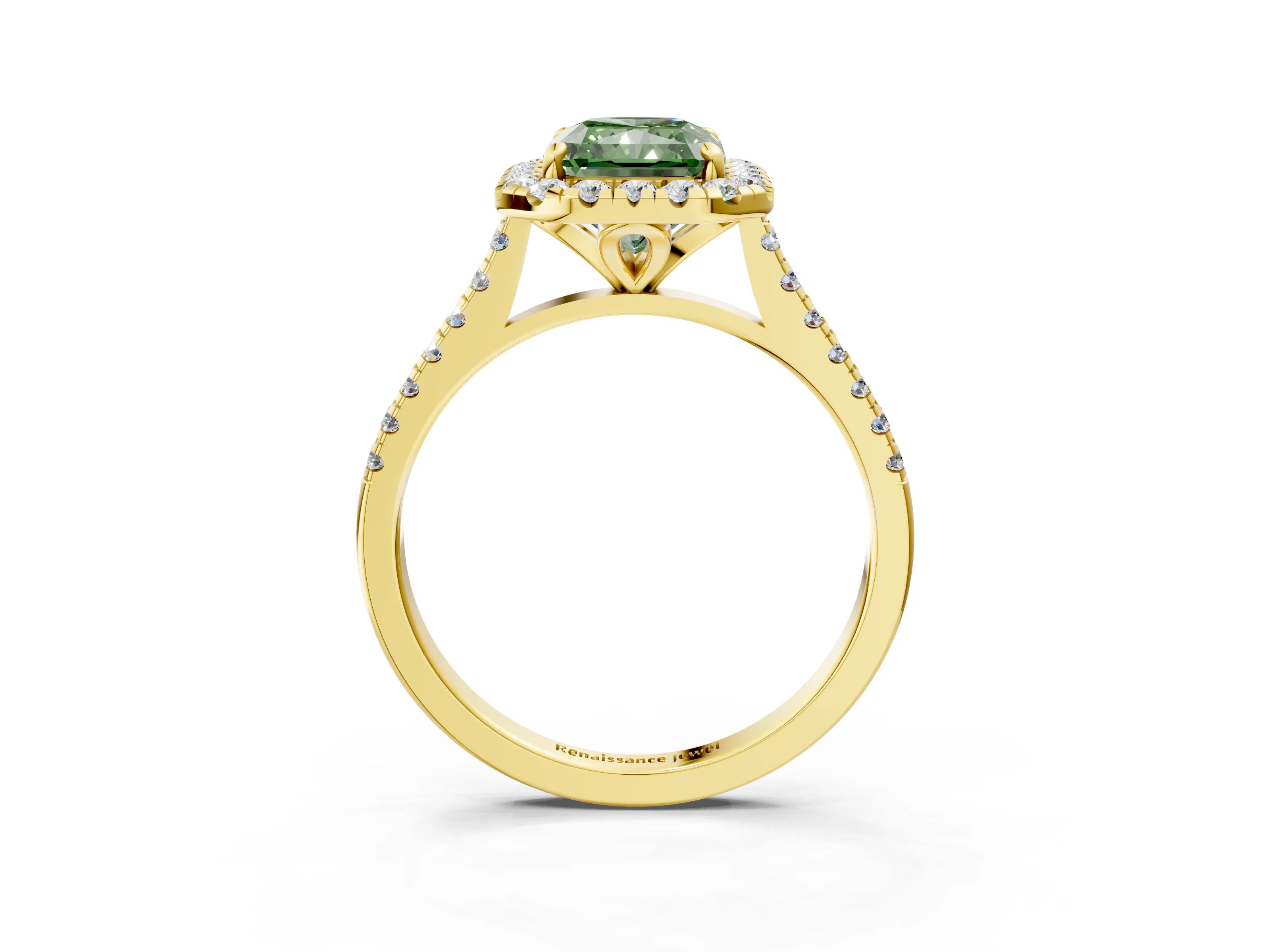 Yellow gold Fancy Green Radiant Cut Diamond Cushion Halo Ring with Pavé Band_3