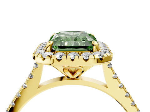Yellow gold Fancy Green Radiant Cut Diamond Cushion Halo Ring with Pavé Band_4