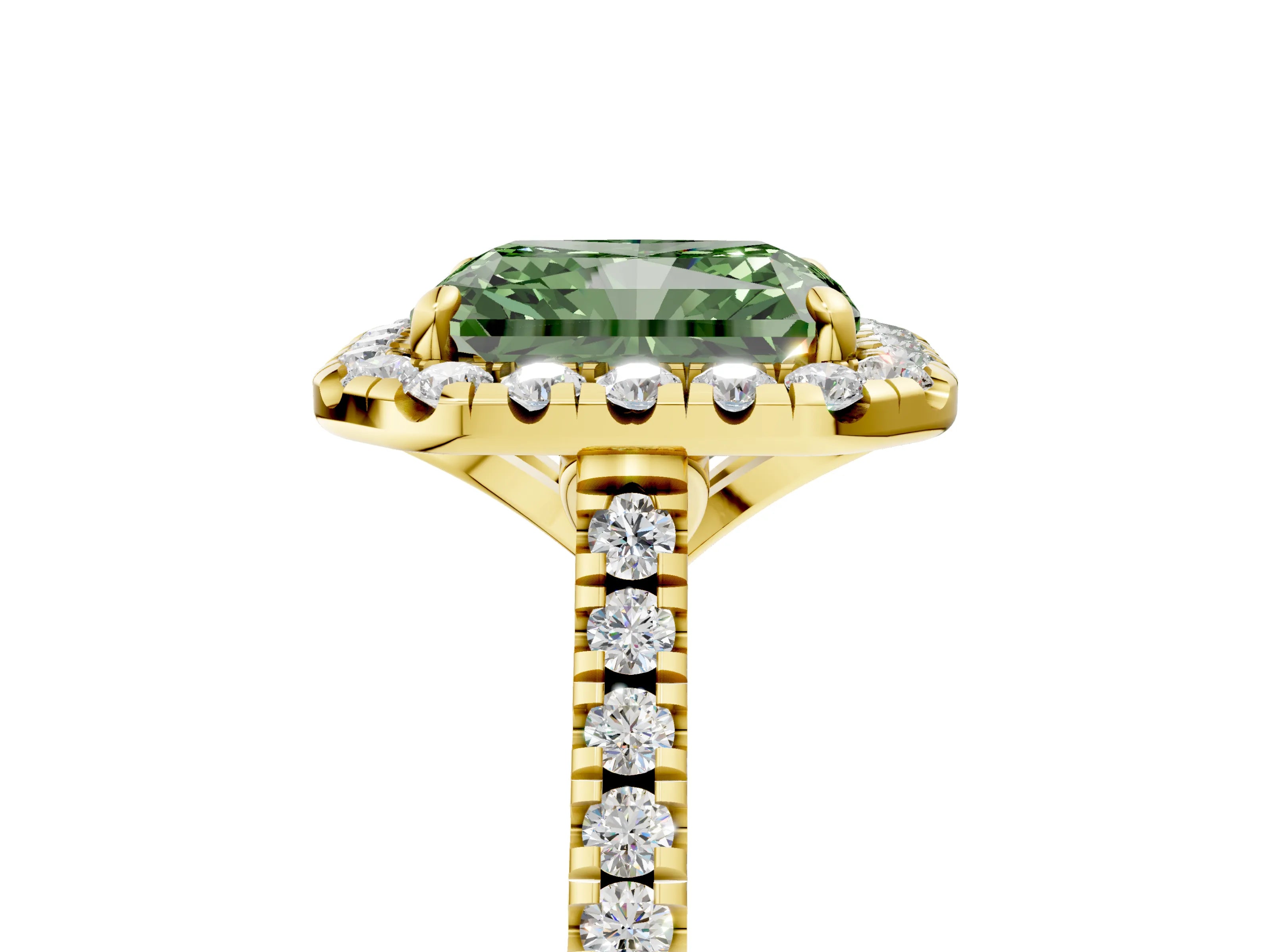 Yellow gold Fancy Green Radiant Cut Diamond Cushion Halo Ring with Pavé Band_5