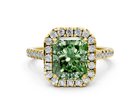 Yellow gold Fancy Green Radiant Cut Diamond Cushion Halo Ring with Pavé Band