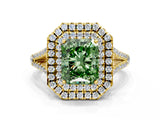 Yellow gold Fancy Green Radiant Cut Diamond Double Halo Ring with Pavé Band and Prong Setting_88