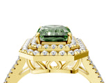 Yellow gold Fancy Green Radiant Cut Diamond Double Halo Ring with Pavé Band and Prong Setting_92
