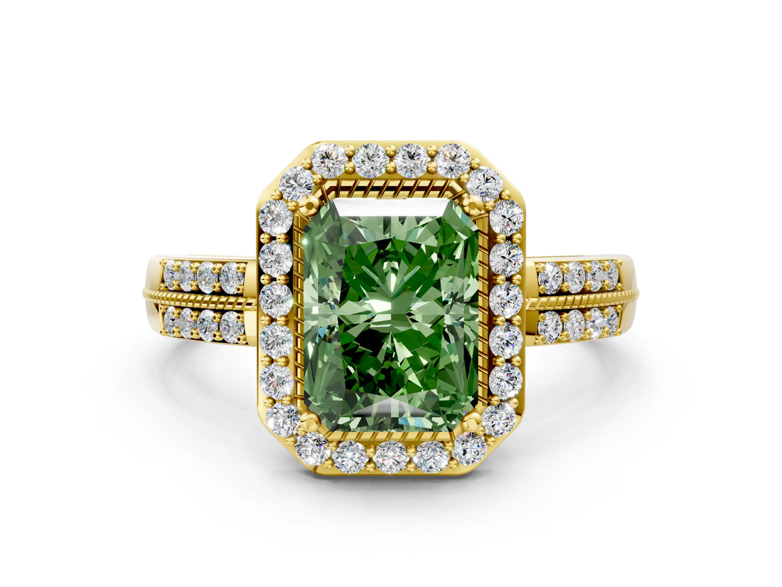 Yellow gold Fancy Green Radiant Cut Diamond Double Halo Ring with Split Shank and Four-Prong Setting