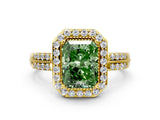 Yellow gold Fancy Green Radiant Cut Diamond Double Halo Ring with Split Shank and Four-Prong Setting