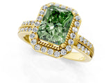 Yellow gold Fancy Green Radiant Cut Diamond Double Halo Ring with Split Shank and Four-Prong Setting_1
