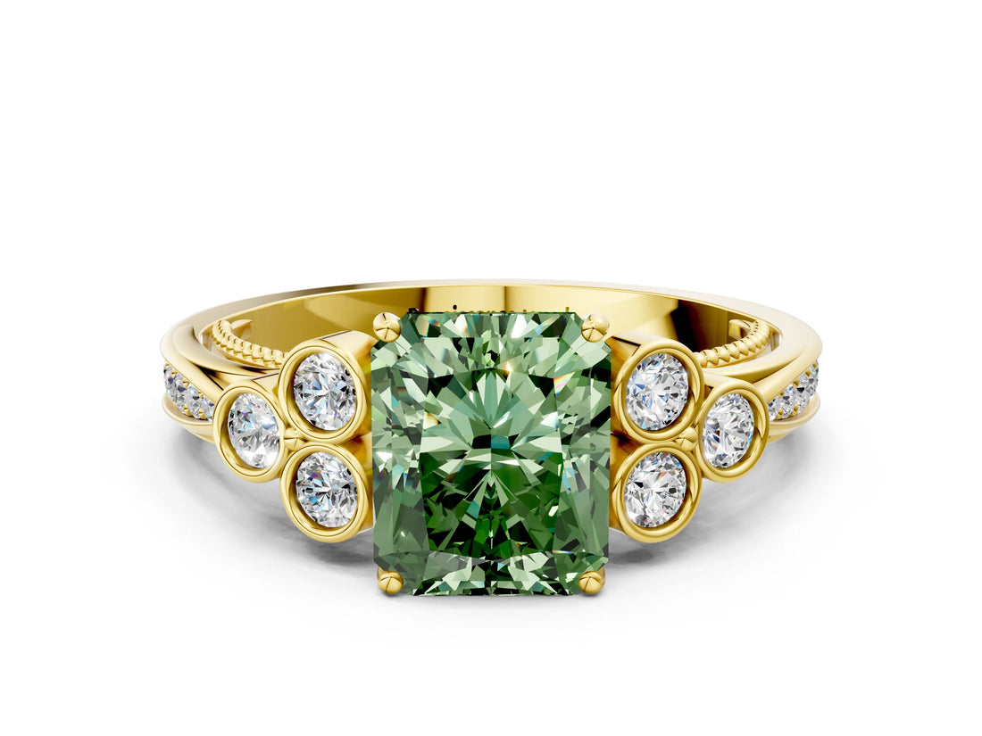 Yellow gold Fancy Green Radiant  Cut Diamond Engagement Ring with Bezel Set Round Side Stones and Prong Setting_49