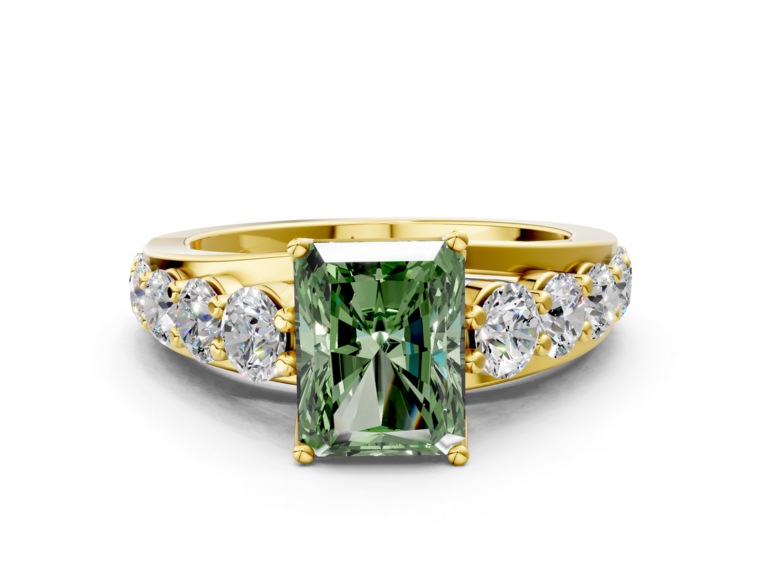 Yellow gold Fancy Green Radiant  Cut Diamond Engagement Ring with Pavé Band and Four-Prong Setting_3