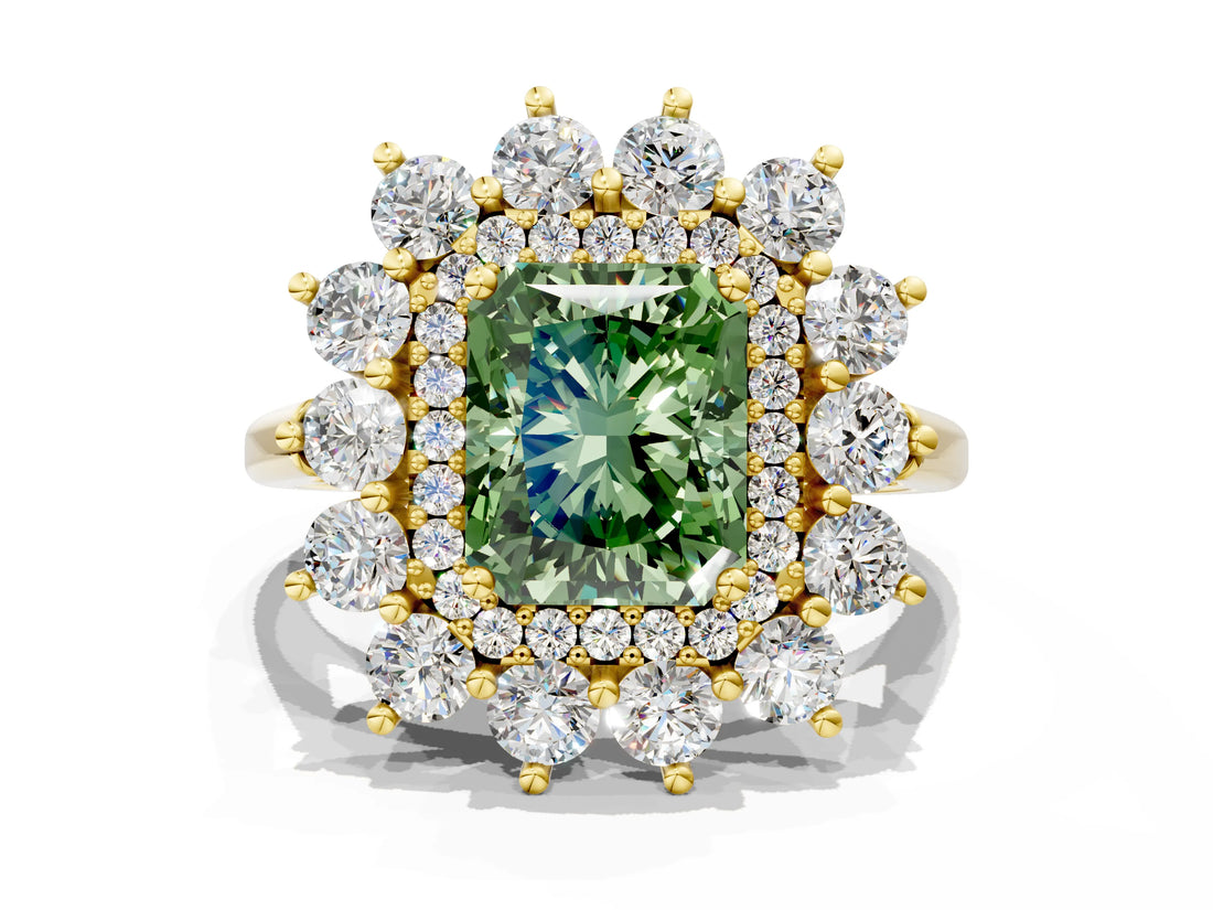 Yellow gold Fancy Green Radiant Cut Diamond Floral Double Halo Engagement Ring with Prong Setting_72