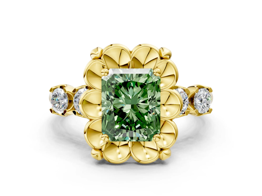 Yellow gold Fancy Green Radiant  Cut Diamond Floral Halo Engagement Ring with Shared Prong Setting 1