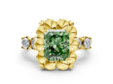 Yellow gold Fancy Green Radiant  Cut Diamond Floral Halo Engagement Ring with Shared Prong Setting 1