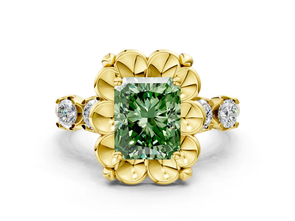 Yellow Gold Radiant Cut Floral Engagement Ring Setting for Fancy Green Center with Side Accents