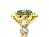Yellow gold Fancy Green Radiant  Cut Diamond Floral Halo Engagement Ring with Shared Prong Setting