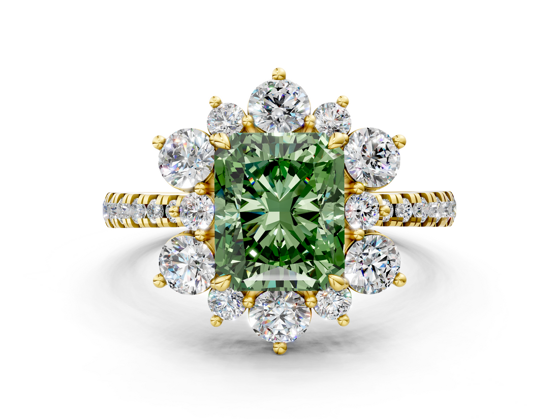 Yellow gold Fancy Green Radiant  Cut Diamond Floral Halo Pave Band with Prong Setting_37