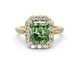 Yellow gold Fancy Green Radiant Cut Diamond Floral Halo Ring with Pavé Band and Prong Setting_3