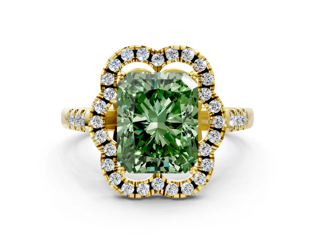 Yellow gold Fancy Green Radiant Cut Diamond Floral Halo Split Shank Prong Setting Ring