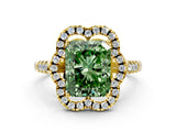 Yellow gold Fancy Green Radiant Cut Diamond Floral Halo Split Shank Prong Setting Ring