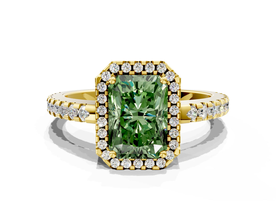 Yellow gold Fancy Green Radiant Cut Diamond Halo Engagement Ring with Pavé Band and Prong Setting_27