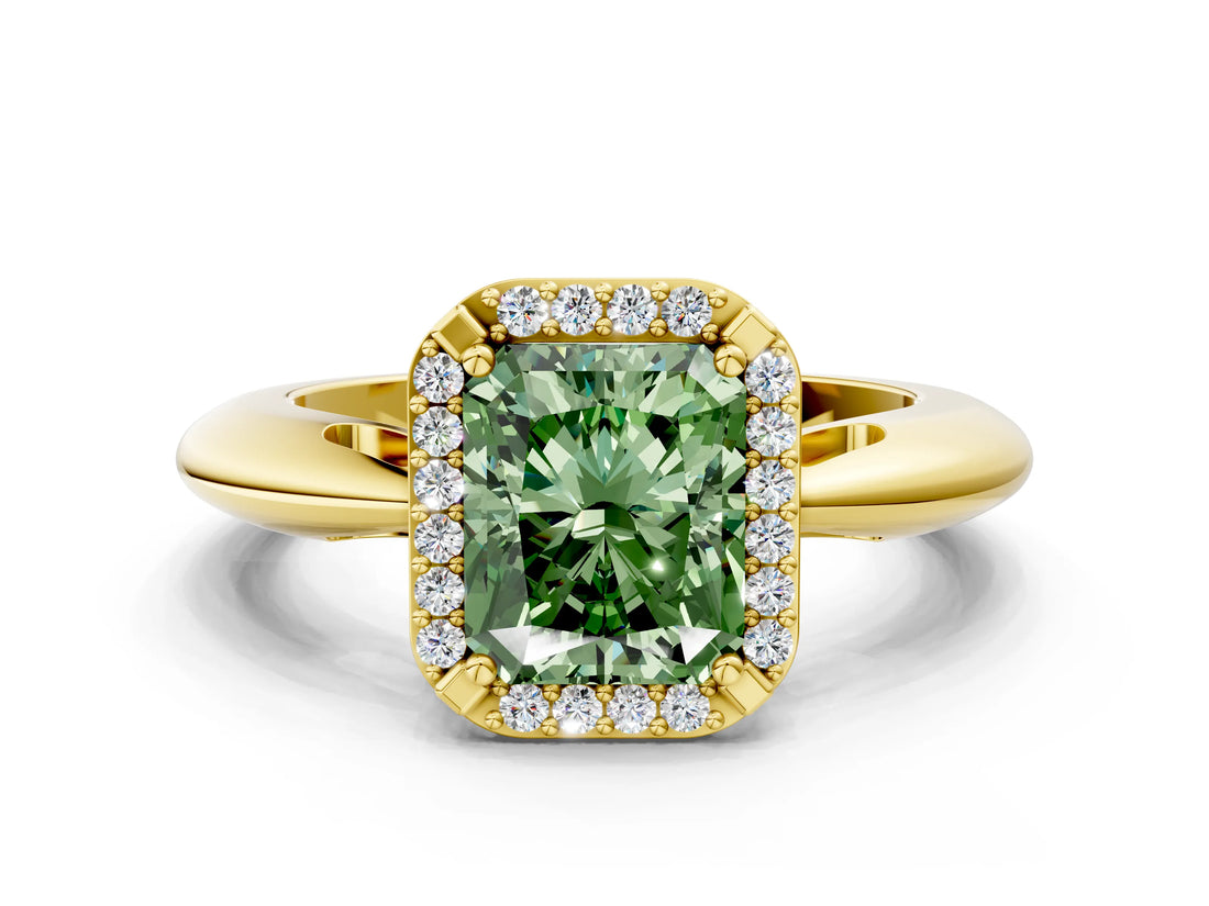 Yellow gold Fancy Green Radiant  Cut Diamond Halo Engagement Ring with Split Shank and Four-Prong Setting_90