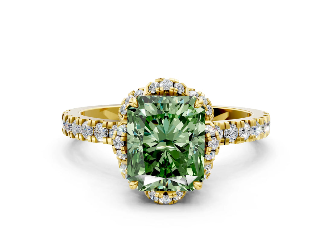 Yellow gold Fancy Green Radiant Cut Diamond Halo Pave Band with Four-Prong Setting_3