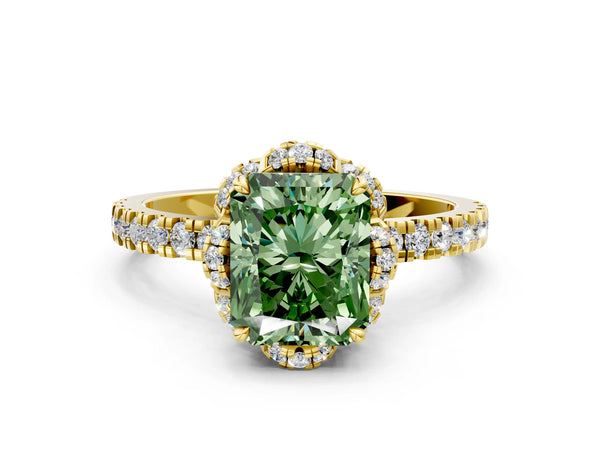 Yellow Gold Radiant Cut Four Petal Floral Halo Engagement Ring Setting for Fancy Green Center