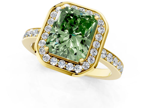 Yellow gold Fancy Green Radiant Cut Diamond Halo Ring with Bezel Frame and Pavé Band_1