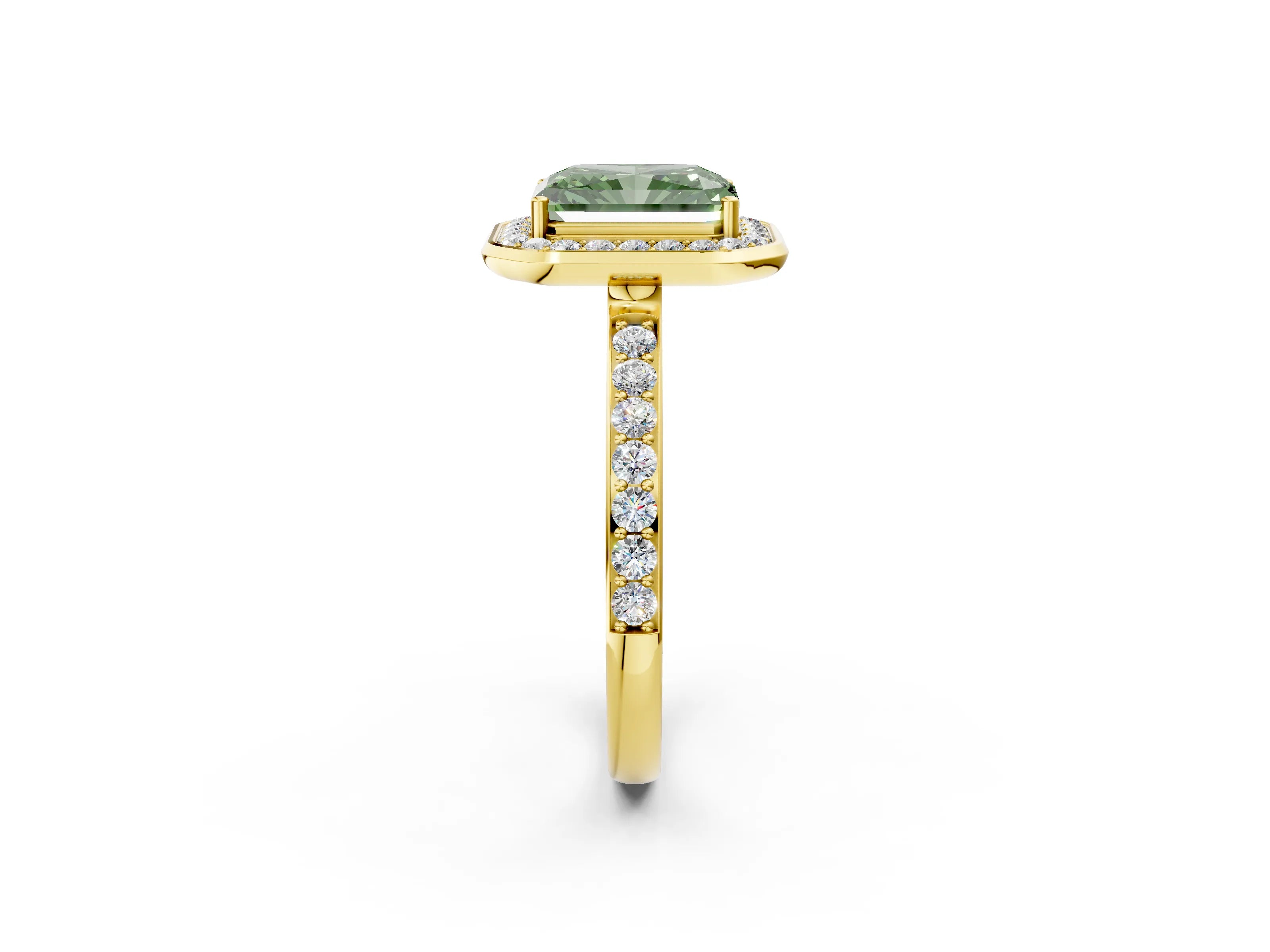 Yellow gold Fancy Green Radiant Cut Diamond Halo Ring with Bezel Frame and Pavé Band_2