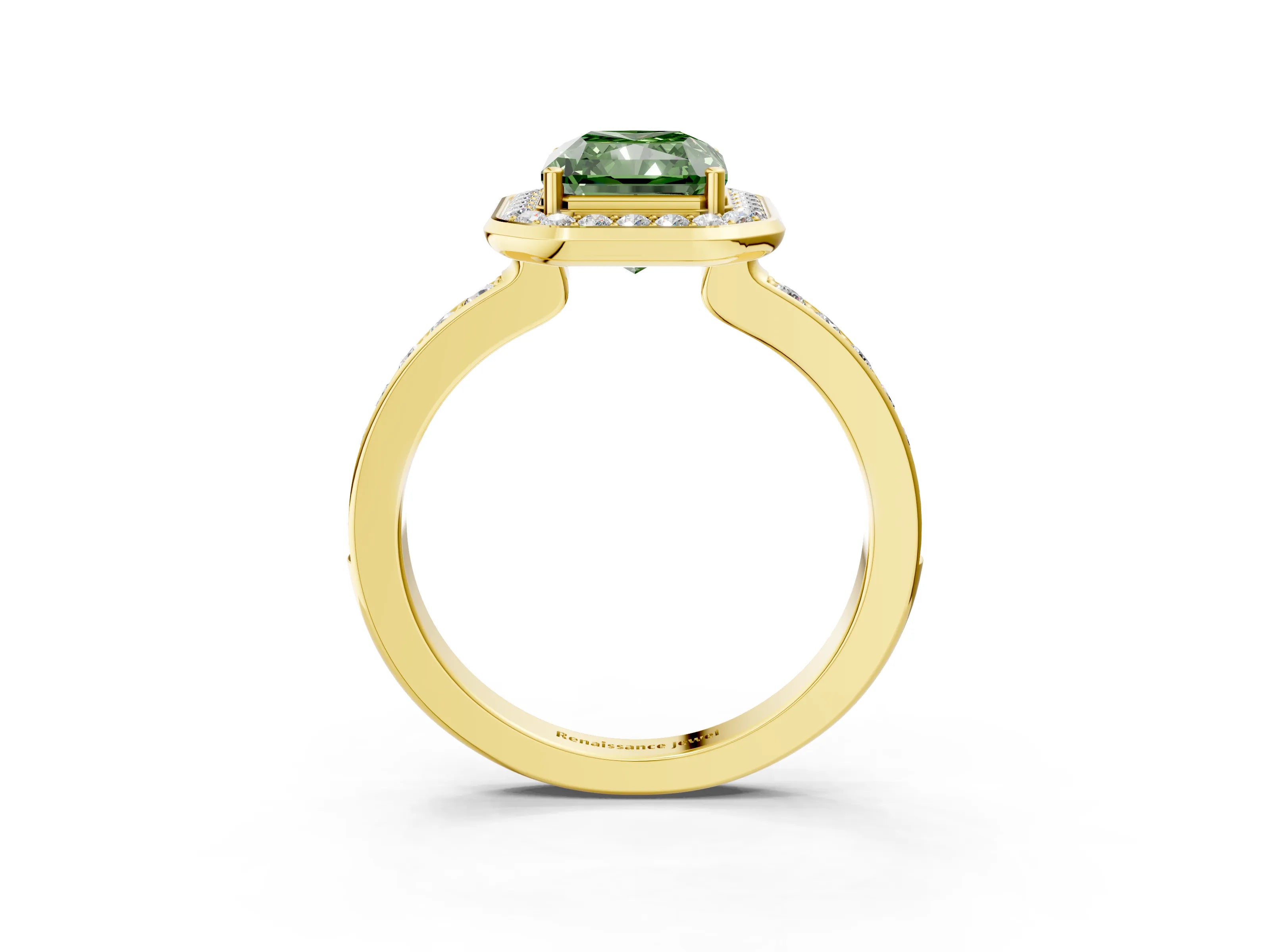 Yellow gold Fancy Green Radiant Cut Diamond Halo Ring with Bezel Frame and Pavé Band_3