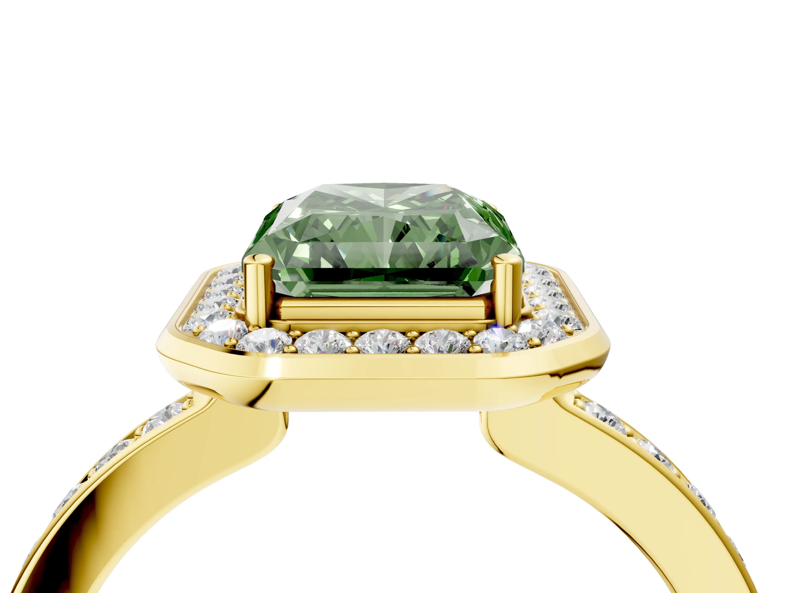 Yellow gold Fancy Green Radiant Cut Diamond Halo Ring with Bezel Frame and Pavé Band_4