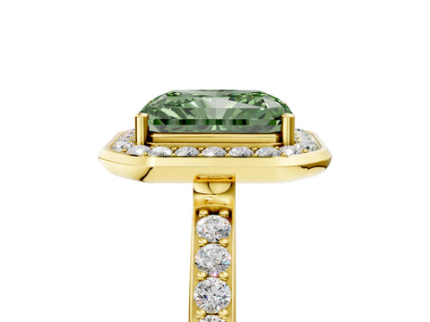 Yellow gold Fancy Green Radiant Cut Diamond Halo Ring with Bezel Frame and Pavé Band_5