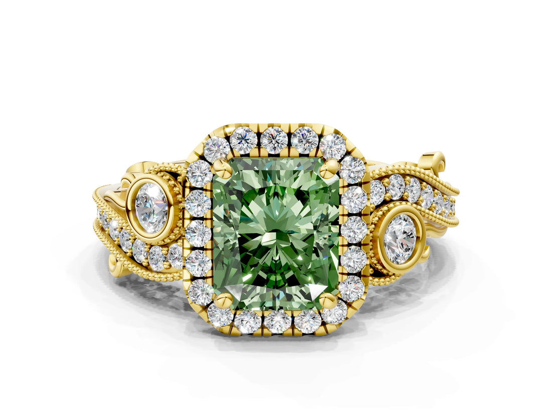 Yellow gold Fancy Green Radiant Cut Diamond Halo Ring with Milgrain Pavé Band and Four-Prong Setting_54