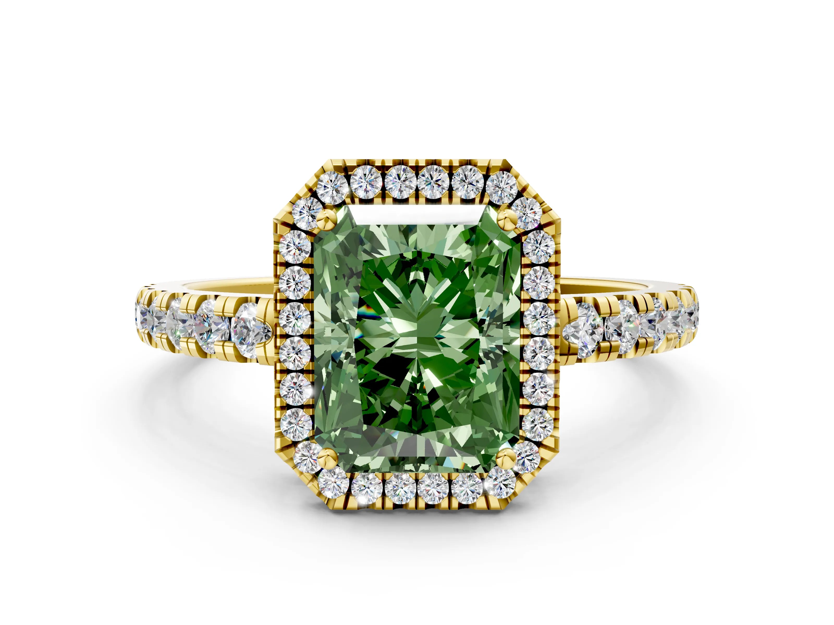 Yellow gold Fancy Green Radiant Cut Diamond Halo Ring with Pavé Band and Four-Prong Setting