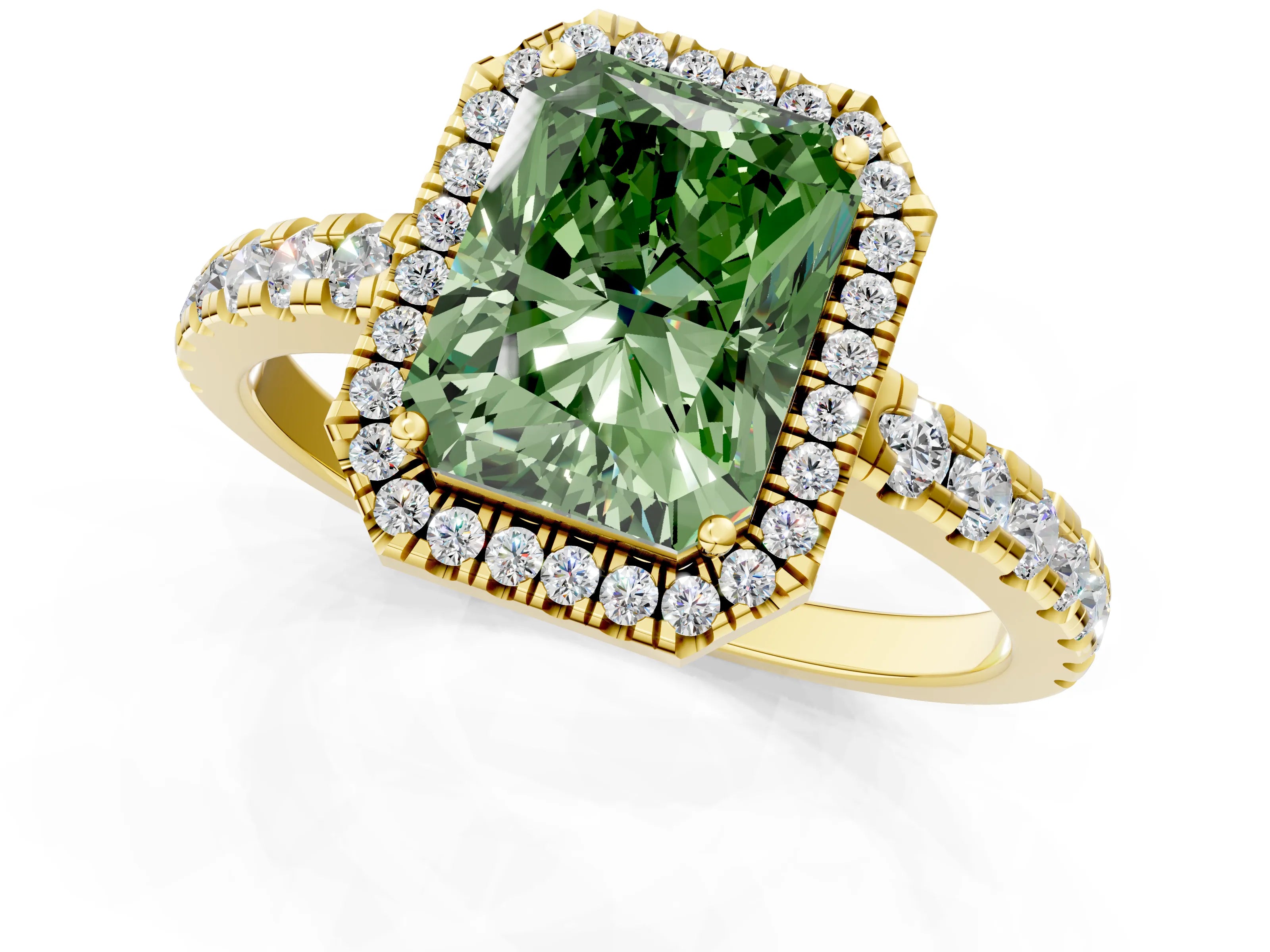 Yellow gold Fancy Green Radiant Cut Diamond Halo Ring with Pavé Band and Four-Prong Setting_1