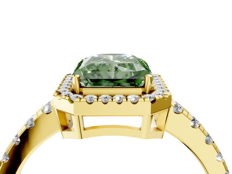 Yellow gold Fancy Green Radiant Cut Diamond Halo Ring with Pavé Band and Four-Prong Setting_4