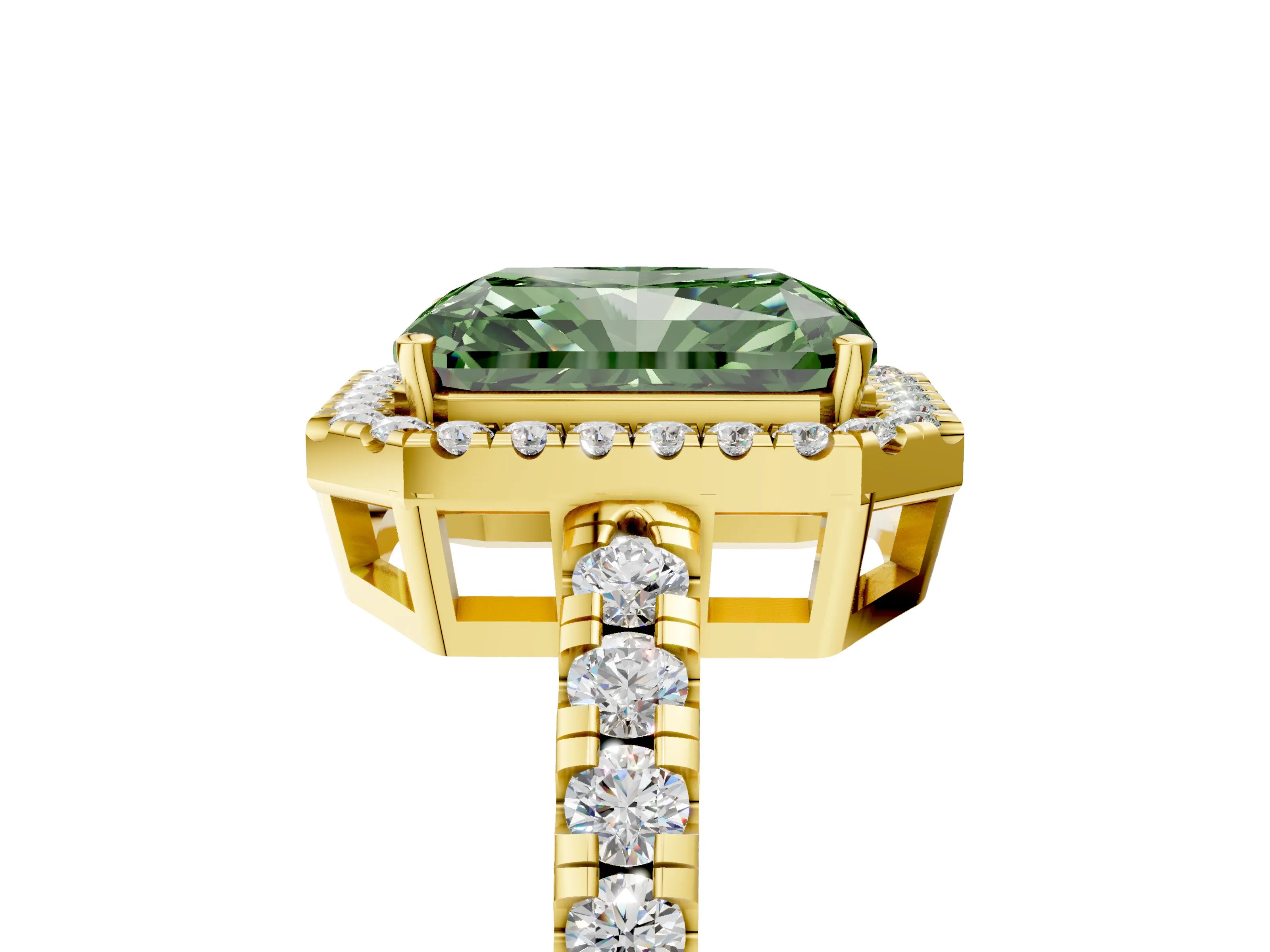 Yellow gold Fancy Green Radiant Cut Diamond Halo Ring with Pavé Band and Four-Prong Setting_5