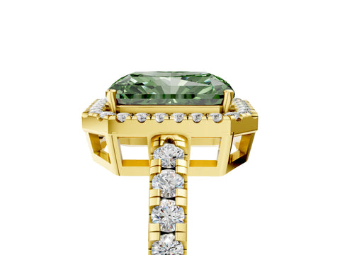 Yellow gold Fancy Green Radiant Cut Diamond Halo Ring with Pavé Band and Four-Prong Setting_5
