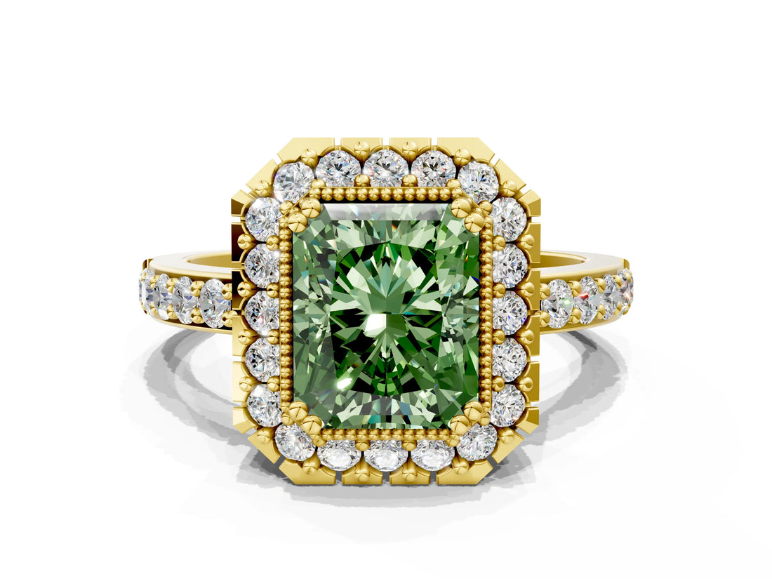 Yellow gold Fancy Green Radiant Cut Diamond Halo Ring with Pavé Band and Prong Setting